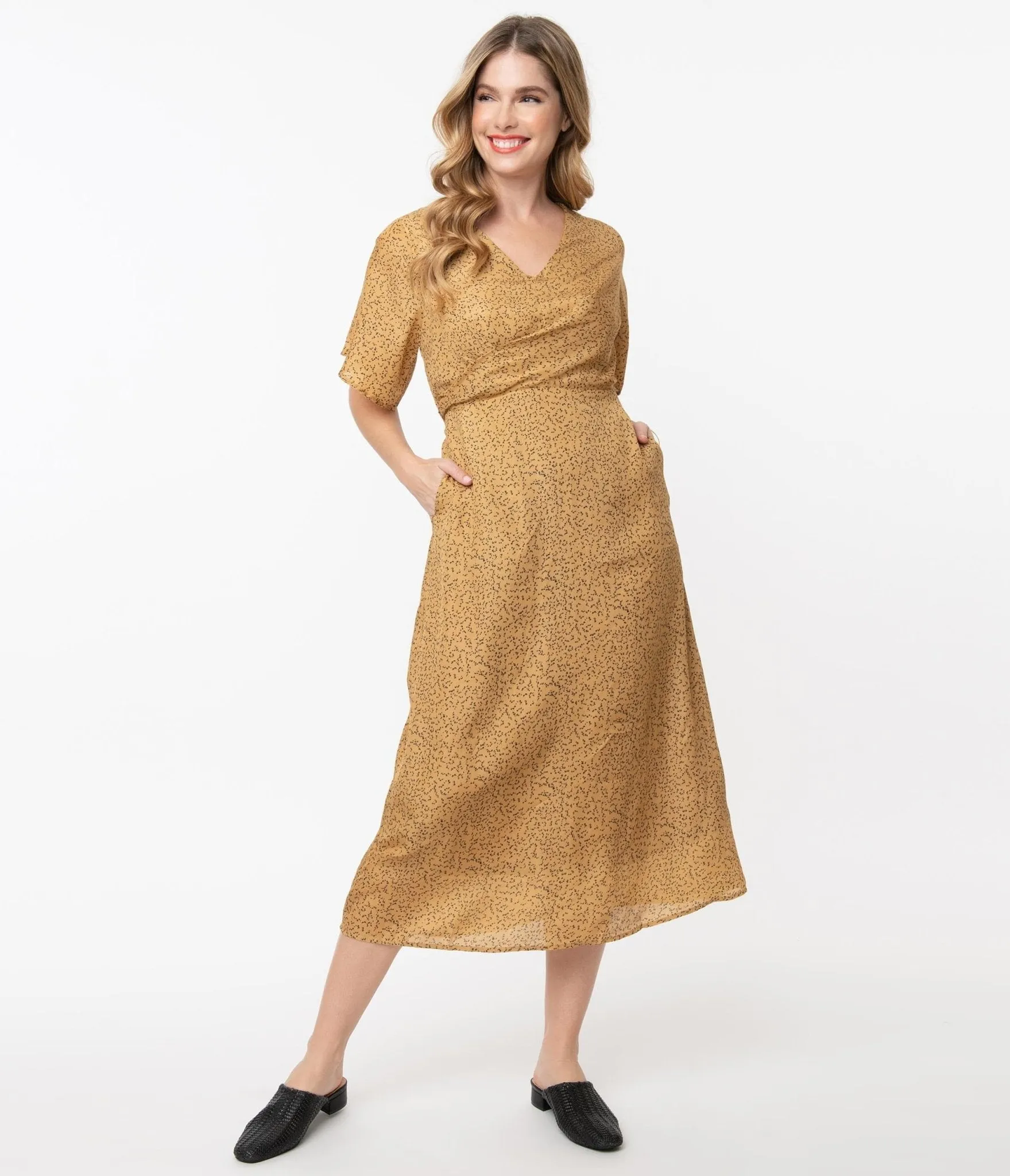 1940s Tan & Black Spotted Print Midi Dress