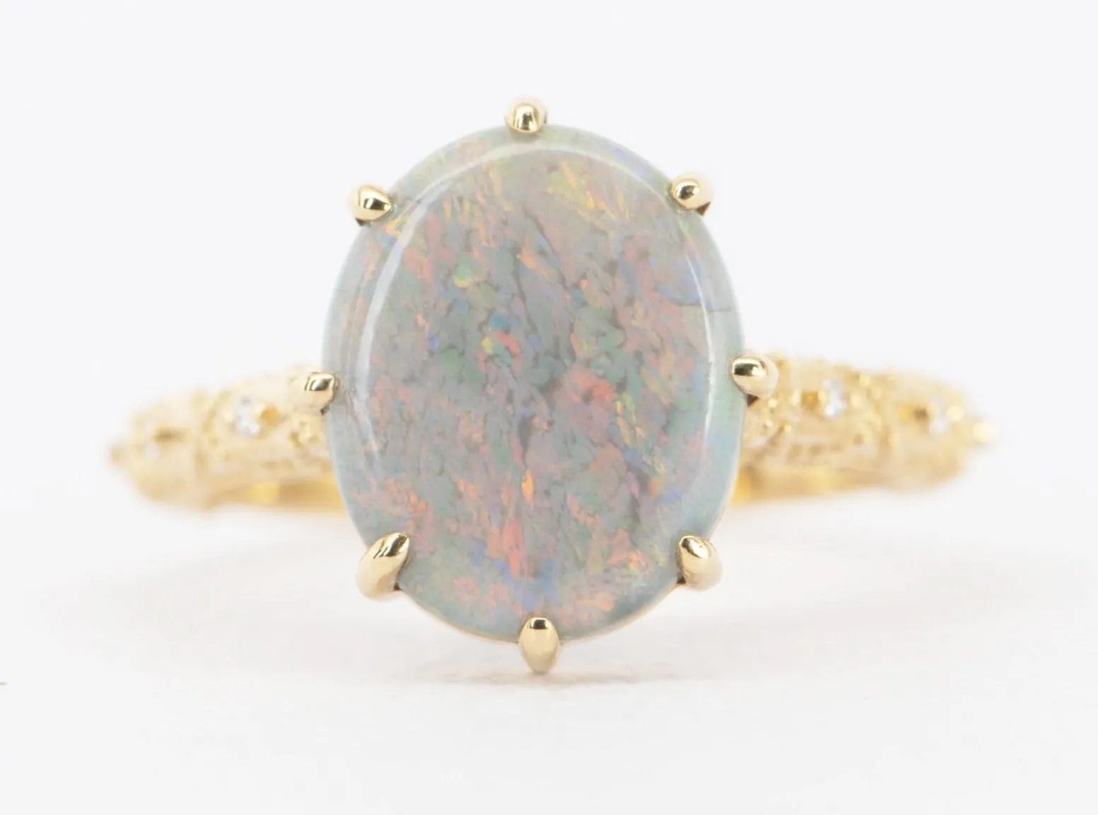 2.82ct Solid Australian Opal on Vintage Lace Band Bridal Ring Set 14K Gold R6495