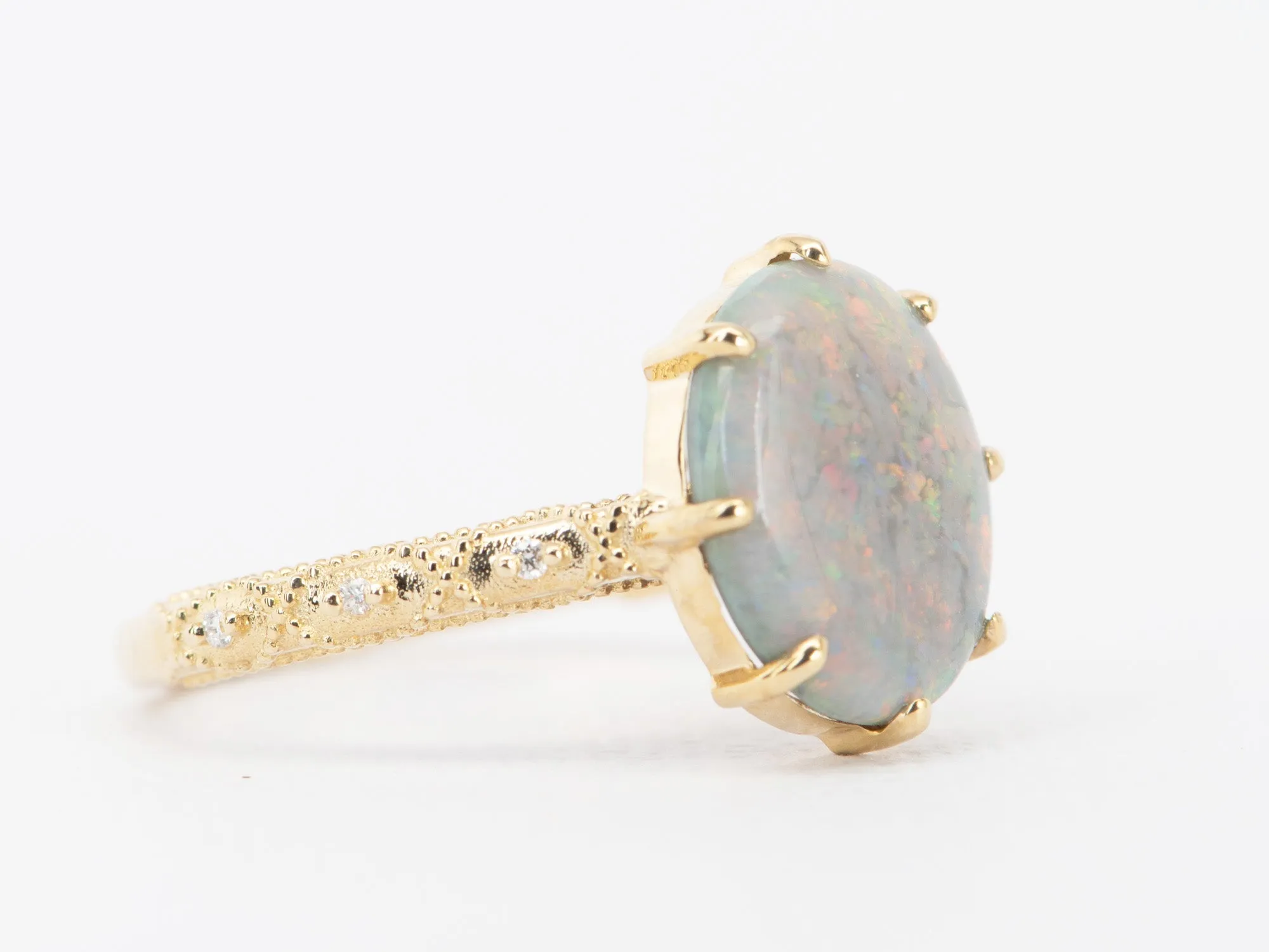 2.82ct Solid Australian Opal on Vintage Lace Band Bridal Ring Set 14K Gold R6495