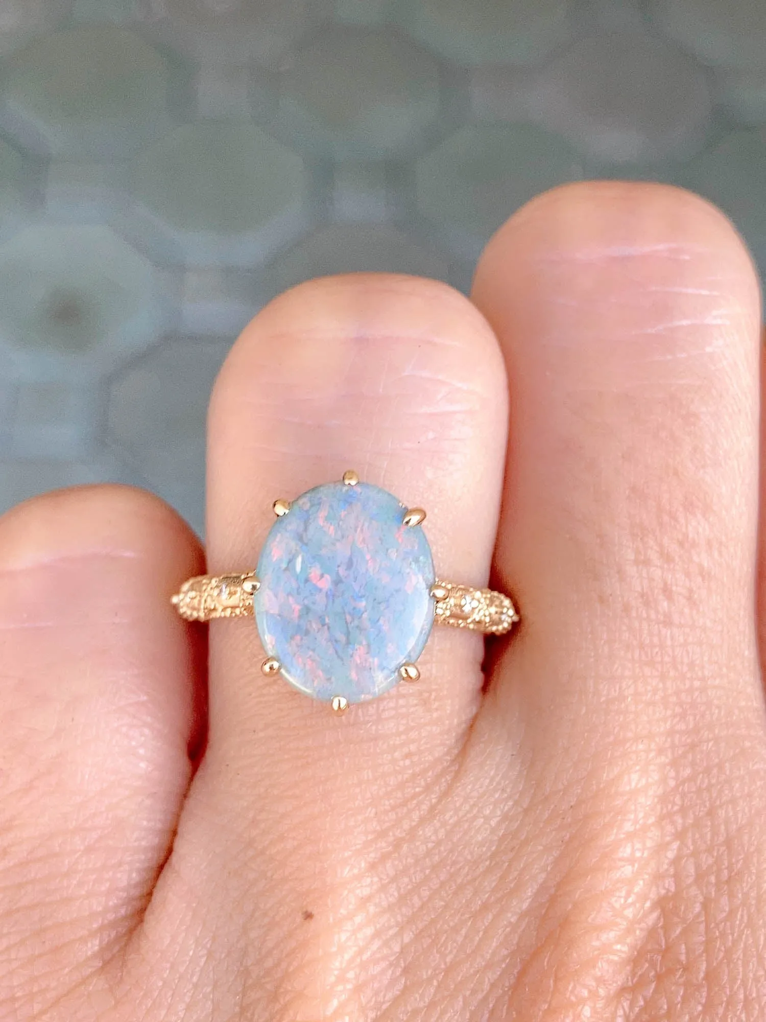 2.82ct Solid Australian Opal on Vintage Lace Band Bridal Ring Set 14K Gold R6495