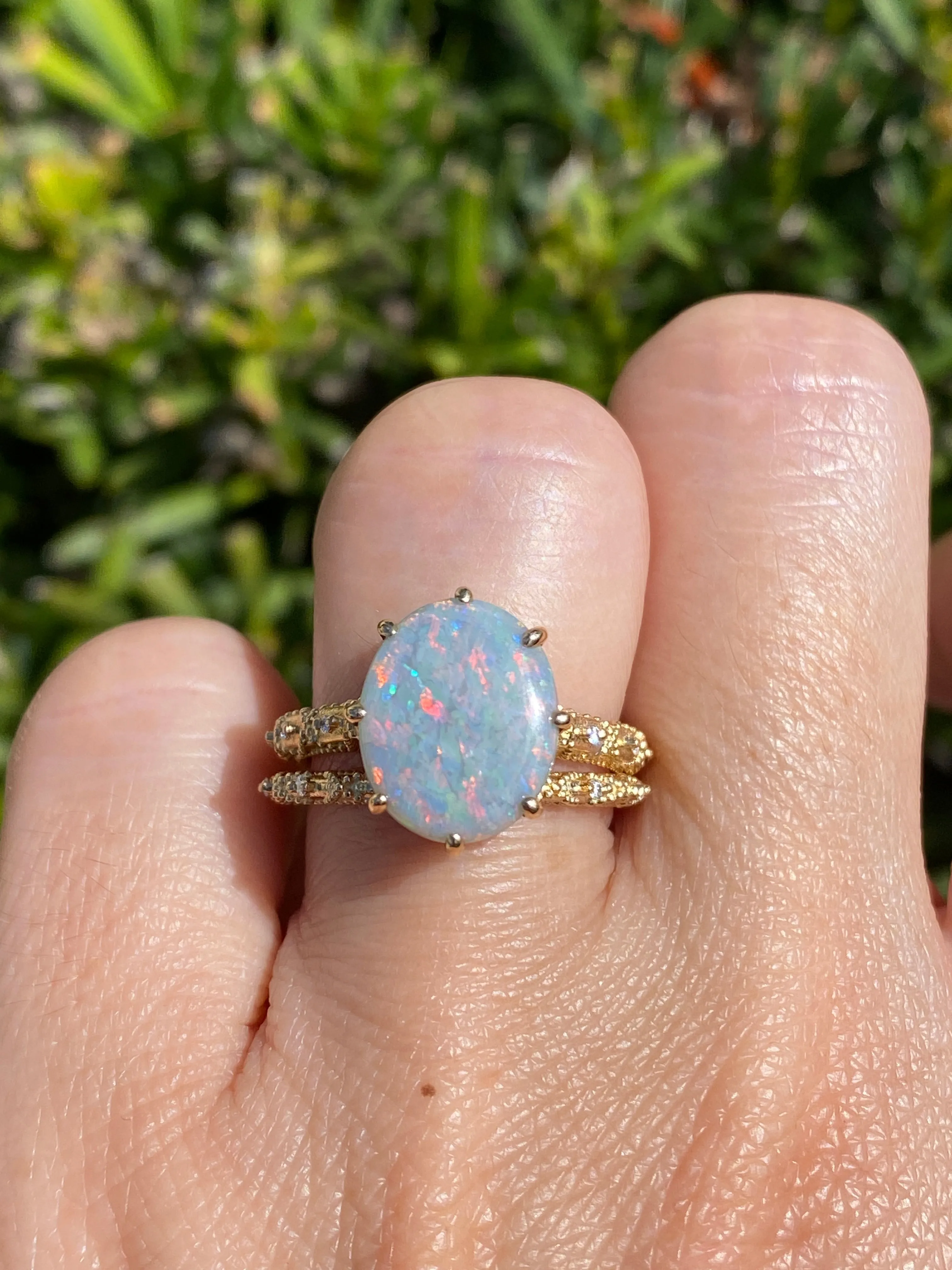 2.82ct Solid Australian Opal on Vintage Lace Band Bridal Ring Set 14K Gold R6495