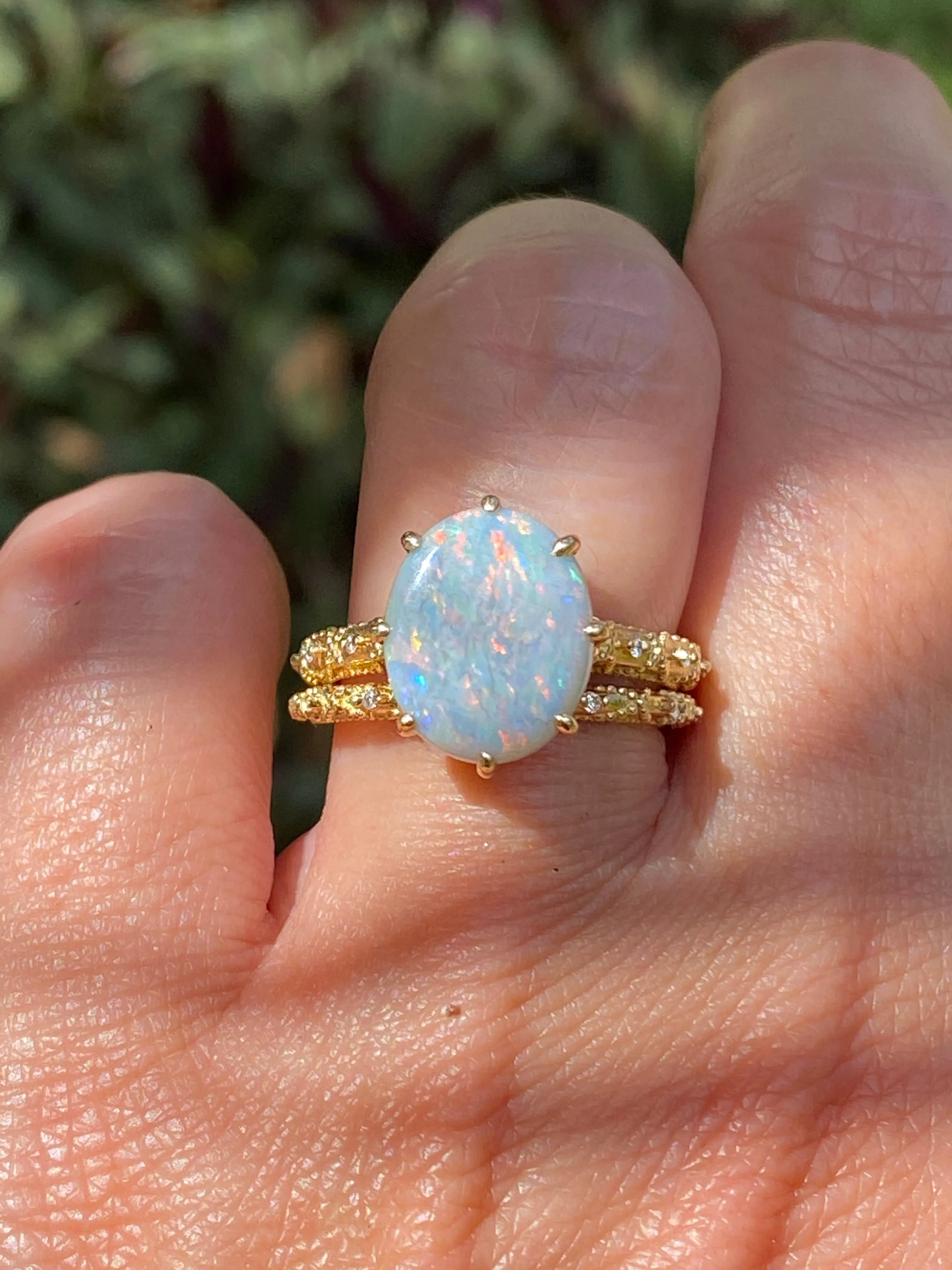 2.82ct Solid Australian Opal on Vintage Lace Band Bridal Ring Set 14K Gold R6495