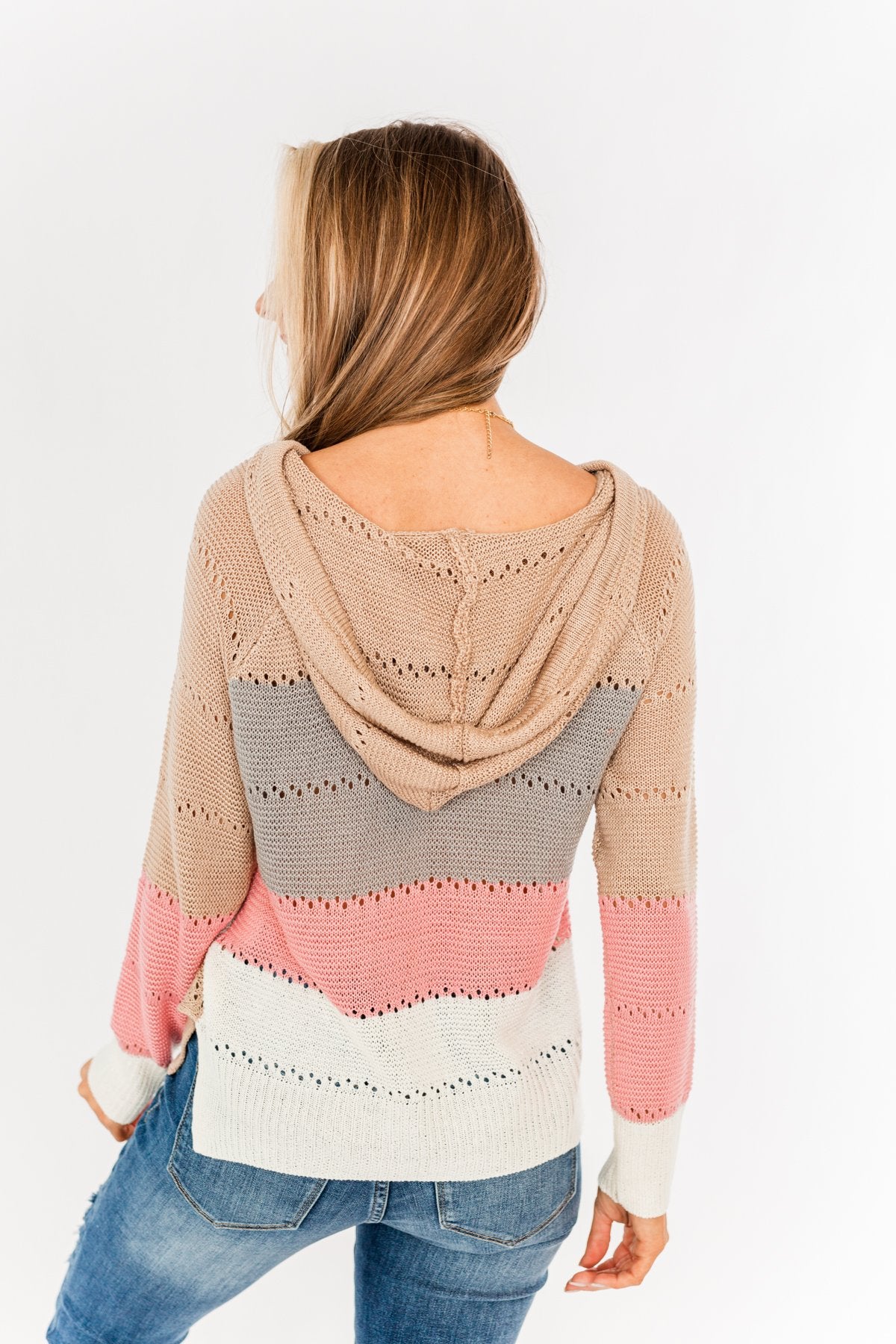 A Day With You Knit Hoodie- Tan, Pink, Off-White & Grey