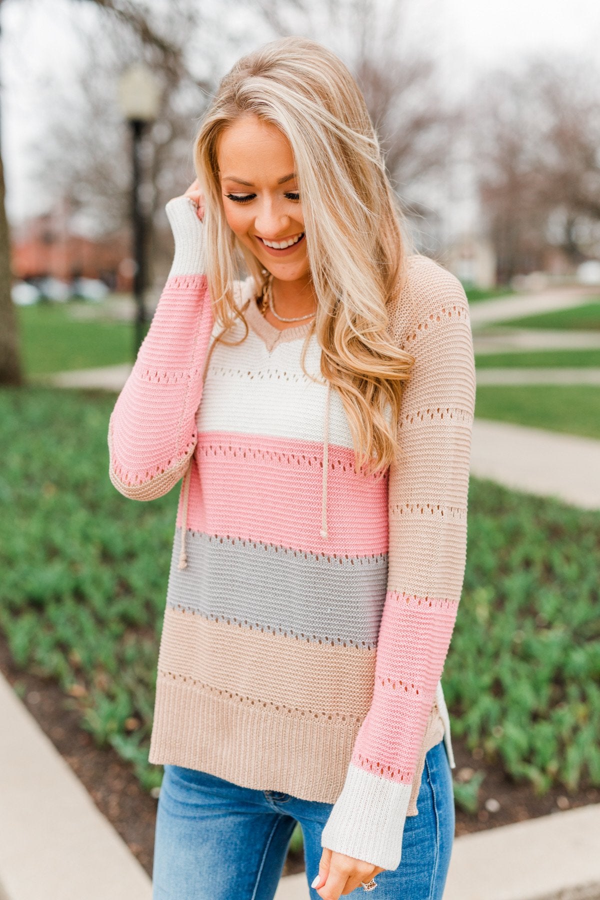 A Day With You Knit Hoodie- Tan, Pink, Off-White & Grey