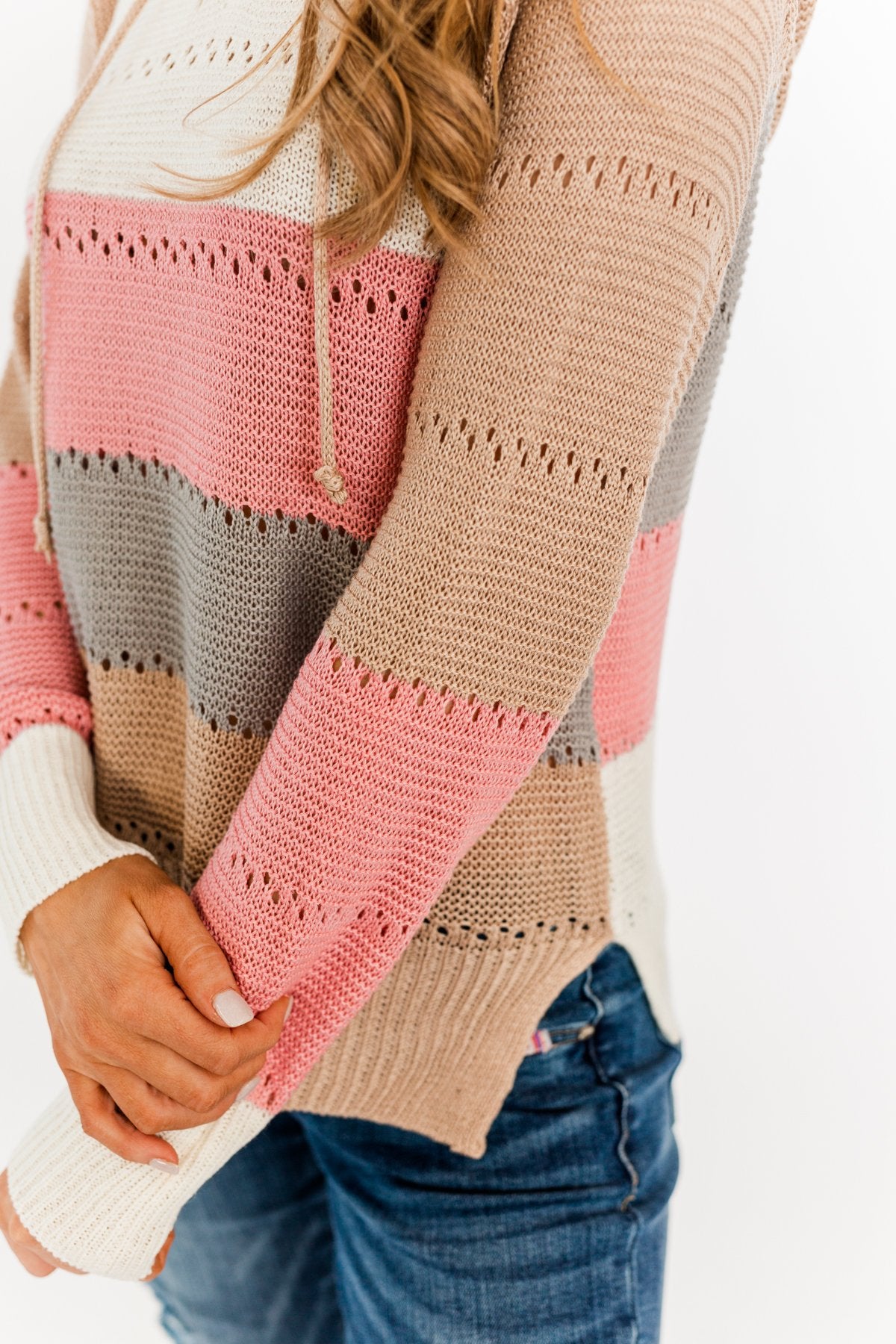 A Day With You Knit Hoodie- Tan, Pink, Off-White & Grey