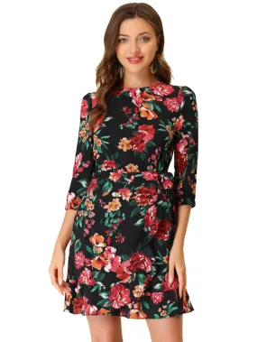 Allegra K- 3/4 Sleeve Ruffle Waist Tie Faux Wrap Floral Dress