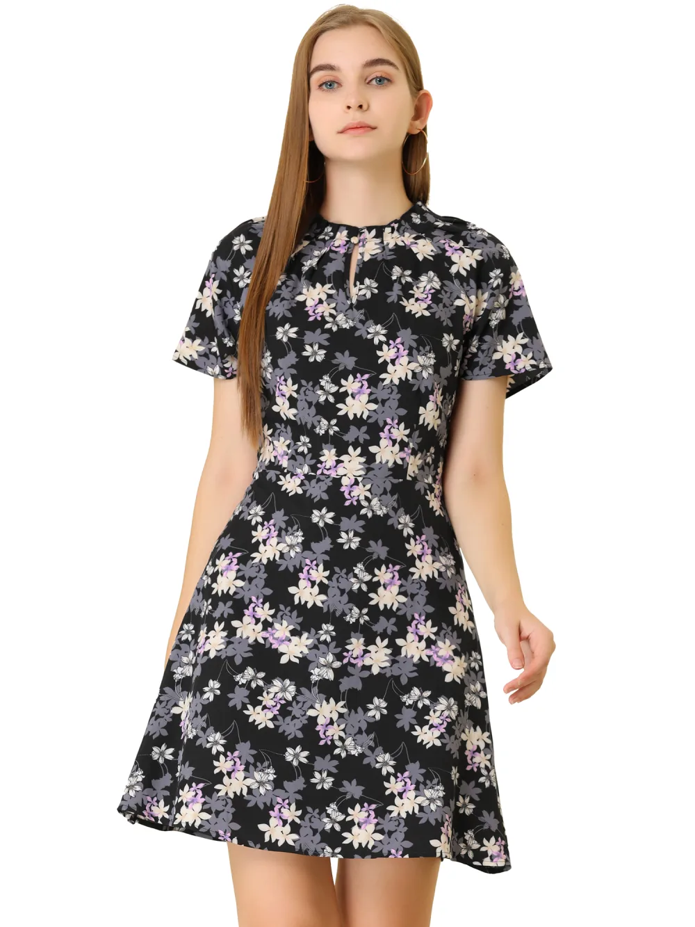 Allegra K- Vintage Mandarin Collar Raglan Sleeve Floral Dress