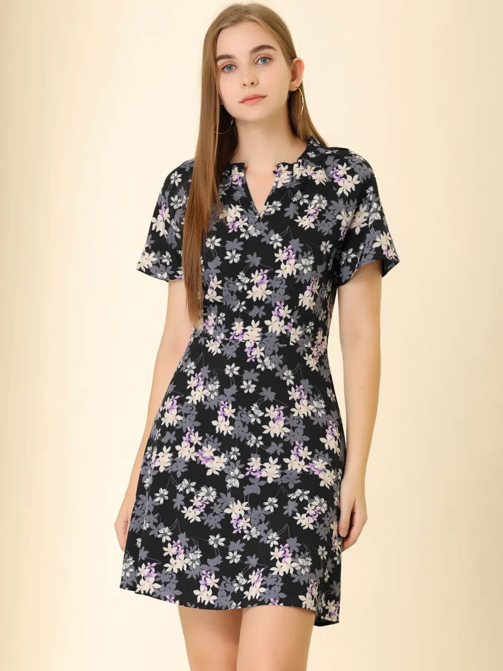 Allegra K- Vintage Mandarin Collar Raglan Sleeve Floral Dress