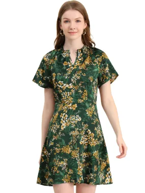 Allegra K- Vintage Mandarin Collar Raglan Sleeve Floral Dress