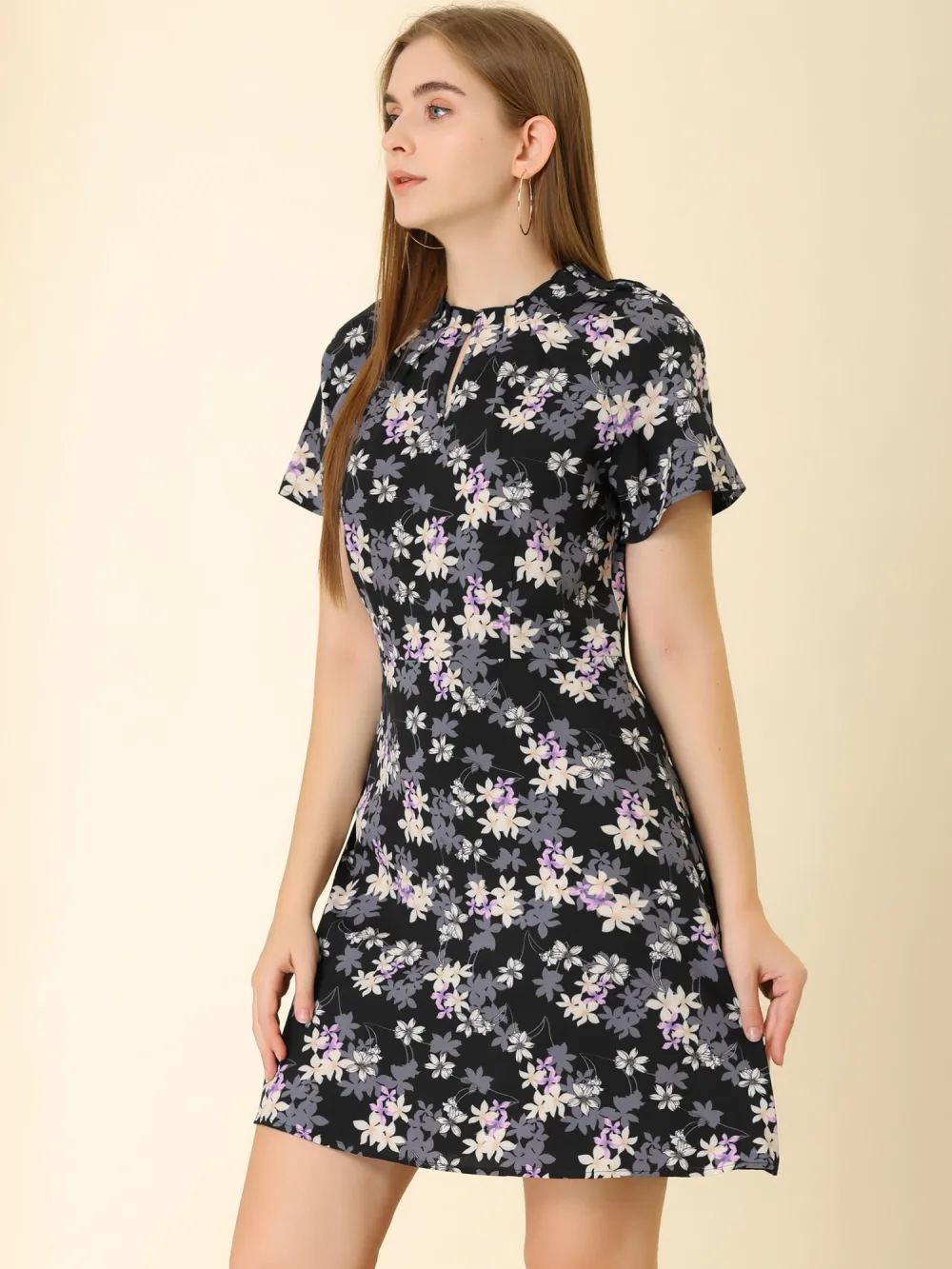 Allegra K- Vintage Mandarin Collar Raglan Sleeve Floral Dress