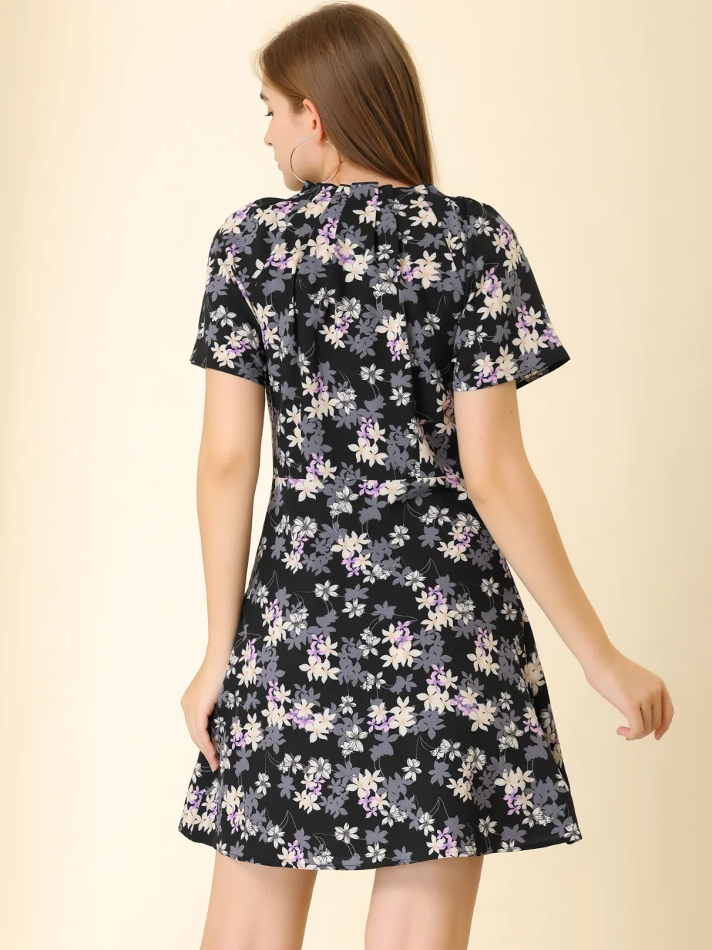 Allegra K- Vintage Mandarin Collar Raglan Sleeve Floral Dress