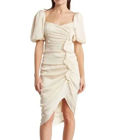 ASTR Emma Ruched Bubble Sleeve Midi Dress In Ivory