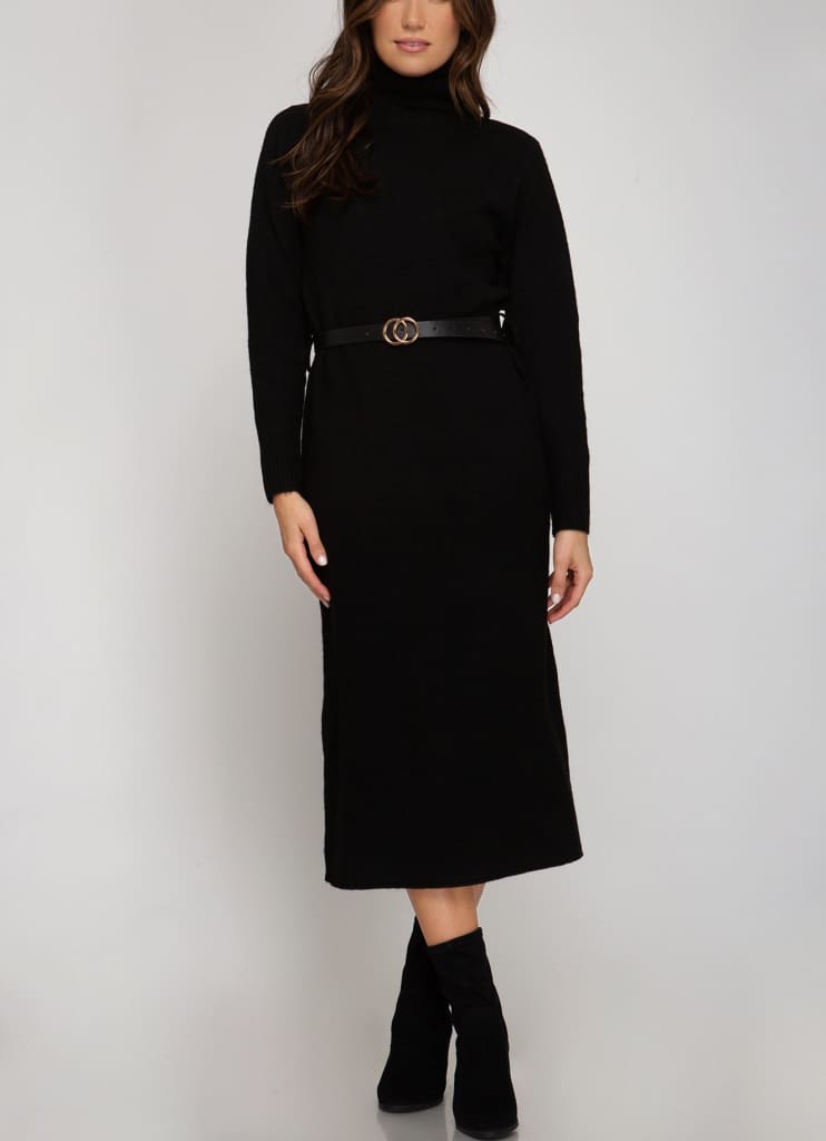 Belted Long sleeves Turtle neck knit sweater dress