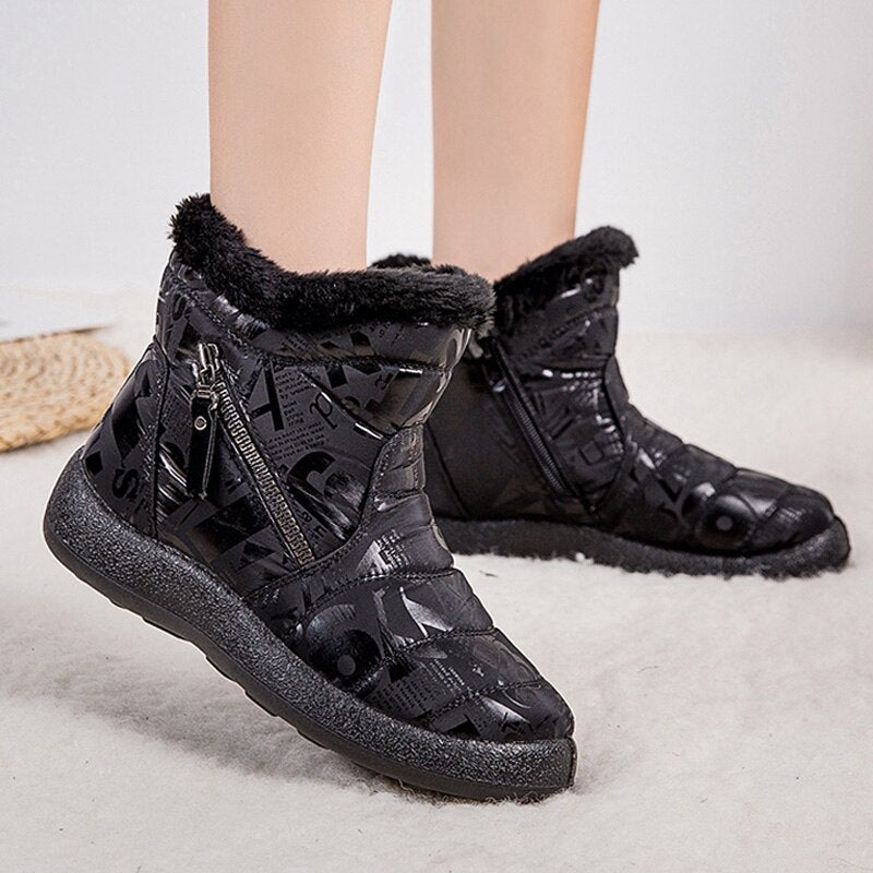 Black Warm Plush Zipper Round Toe Waterproof Boots for Women