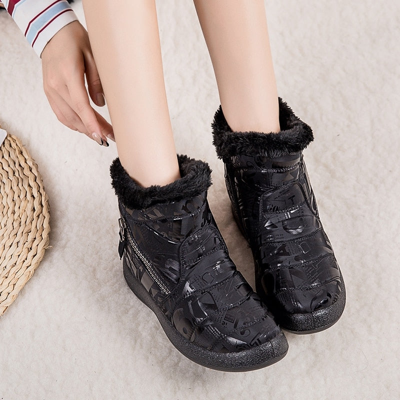 Black Warm Plush Zipper Round Toe Waterproof Boots for Women