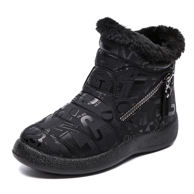 Black Warm Plush Zipper Round Toe Waterproof Boots for Women