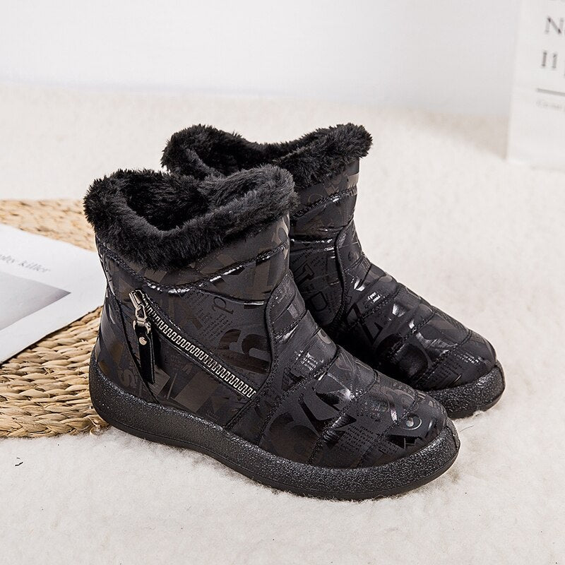 Black Warm Plush Zipper Round Toe Waterproof Boots for Women