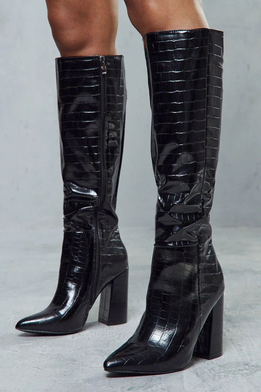 Boots | Croc Knee High Heeled Boots | MissPap