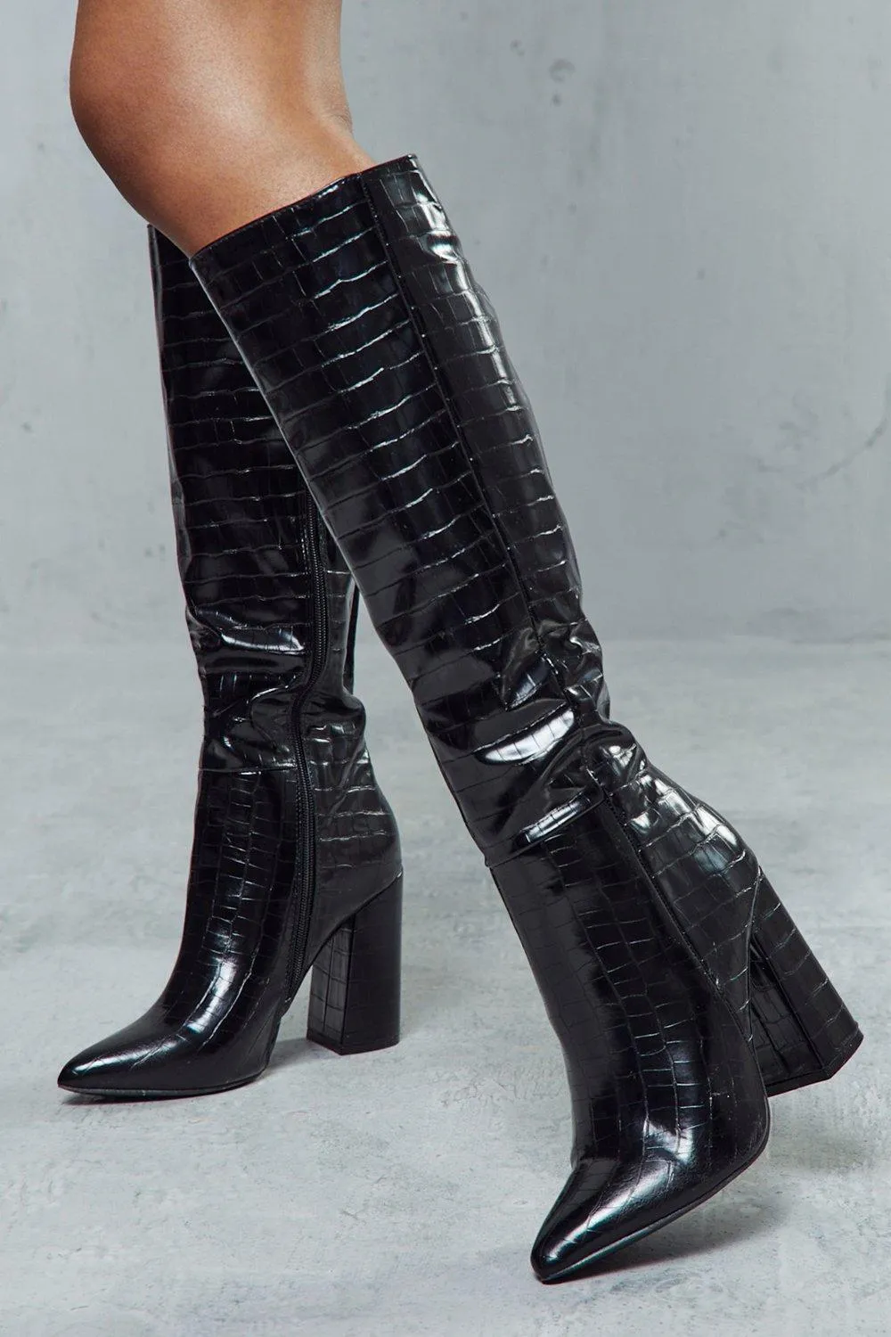 Boots | Croc Knee High Heeled Boots | MissPap