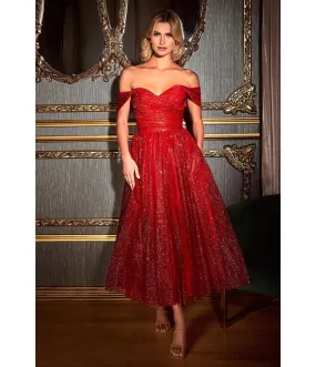 Cinderella Divine  Red Glitter Off The Shoulder Tea Length Dress