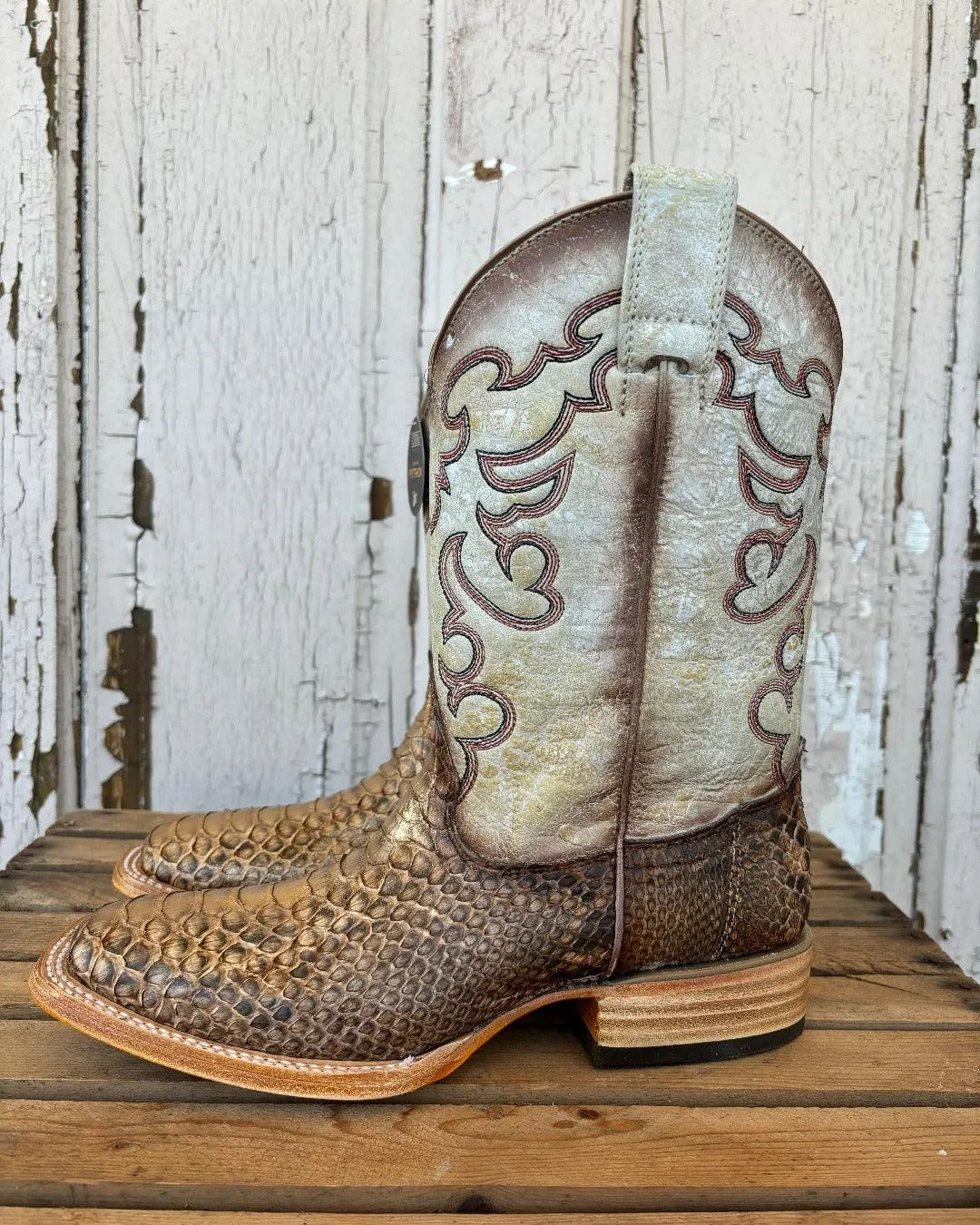 Corral Women's Taupe & Beige Python Embroidered Wide Square Toe Cowgirl Boots B5507