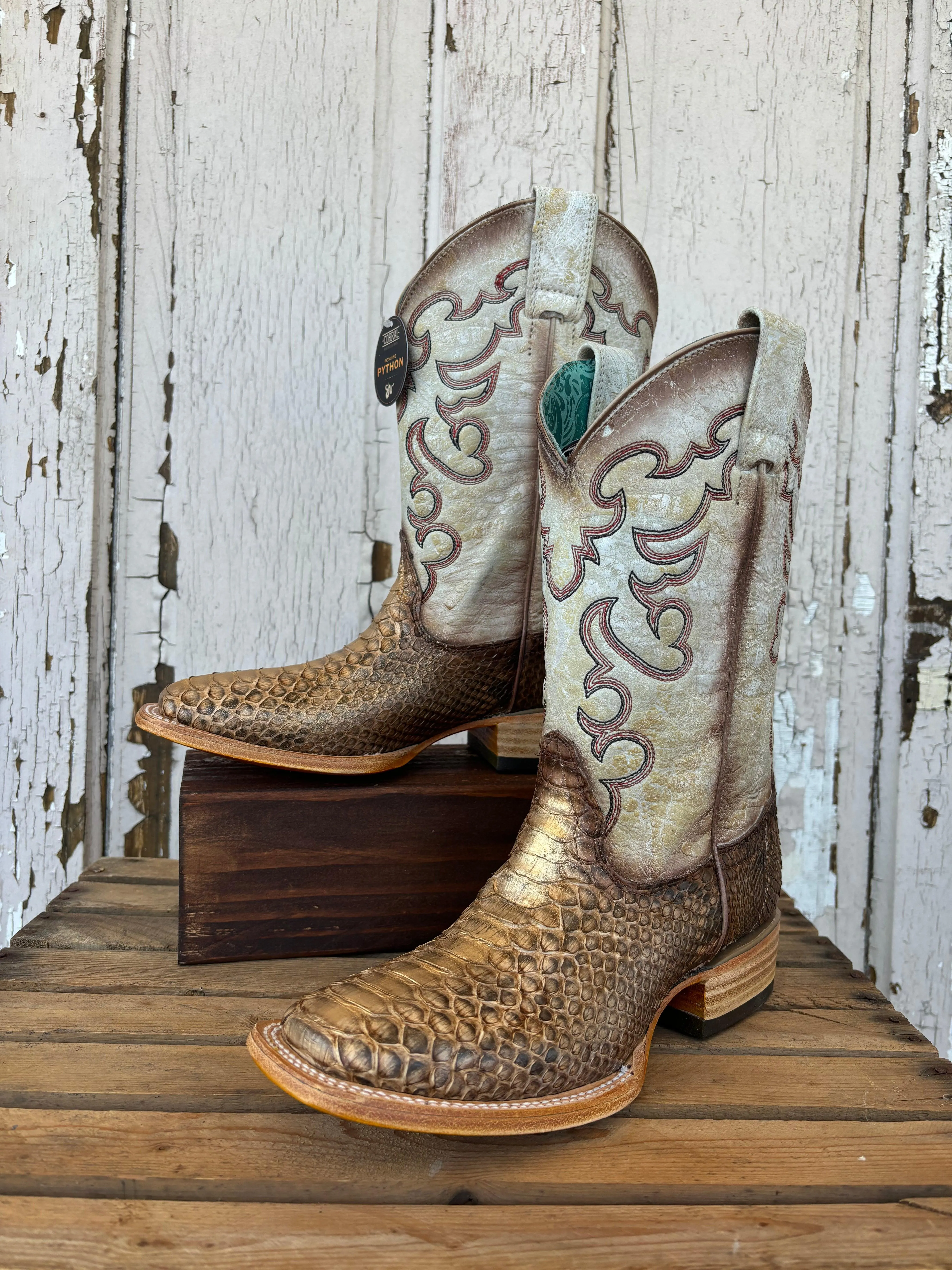 Corral Women's Taupe & Beige Python Embroidered Wide Square Toe Cowgirl Boots B5507