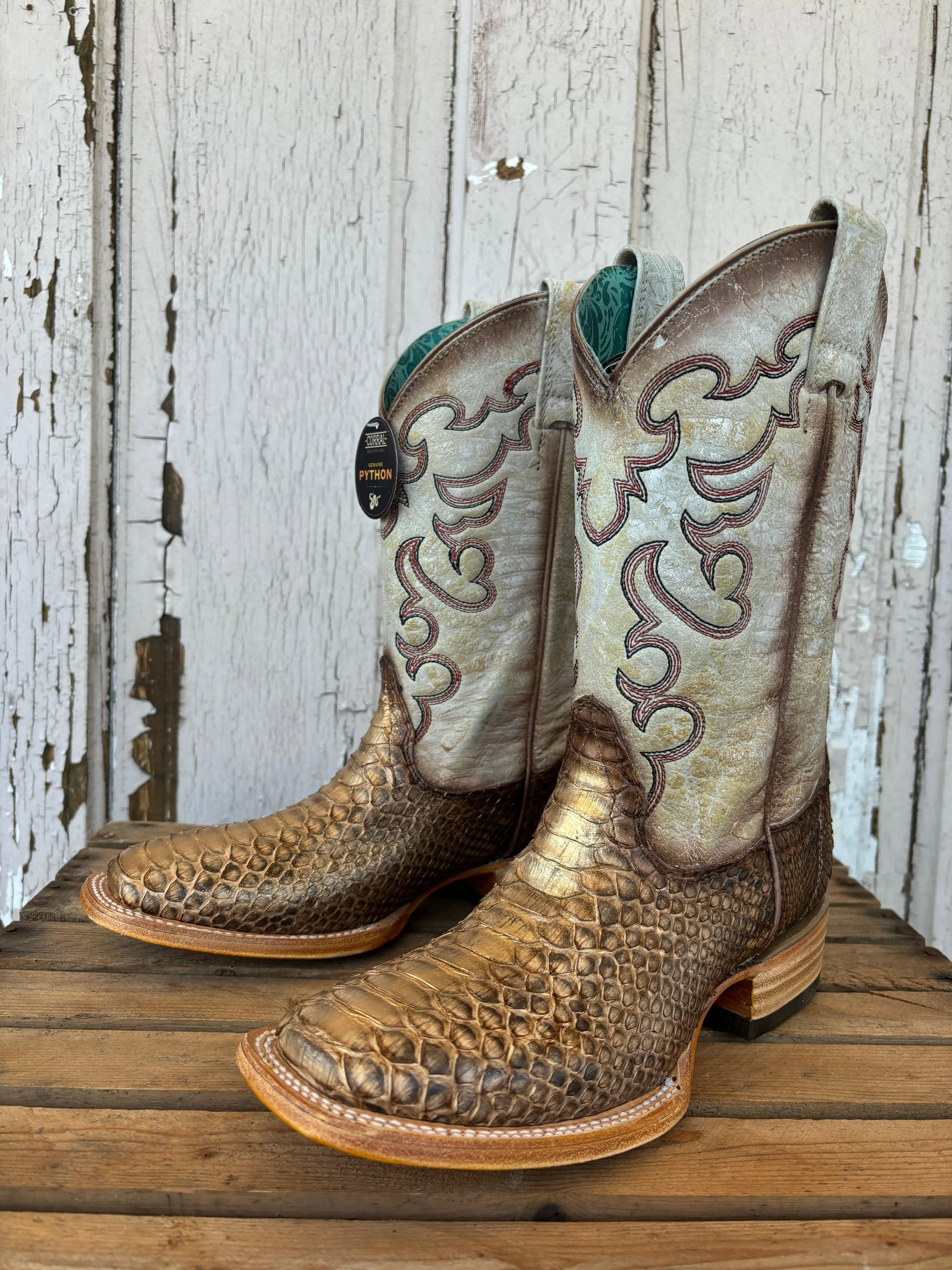 Corral Women's Taupe & Beige Python Embroidered Wide Square Toe Cowgirl Boots B5507