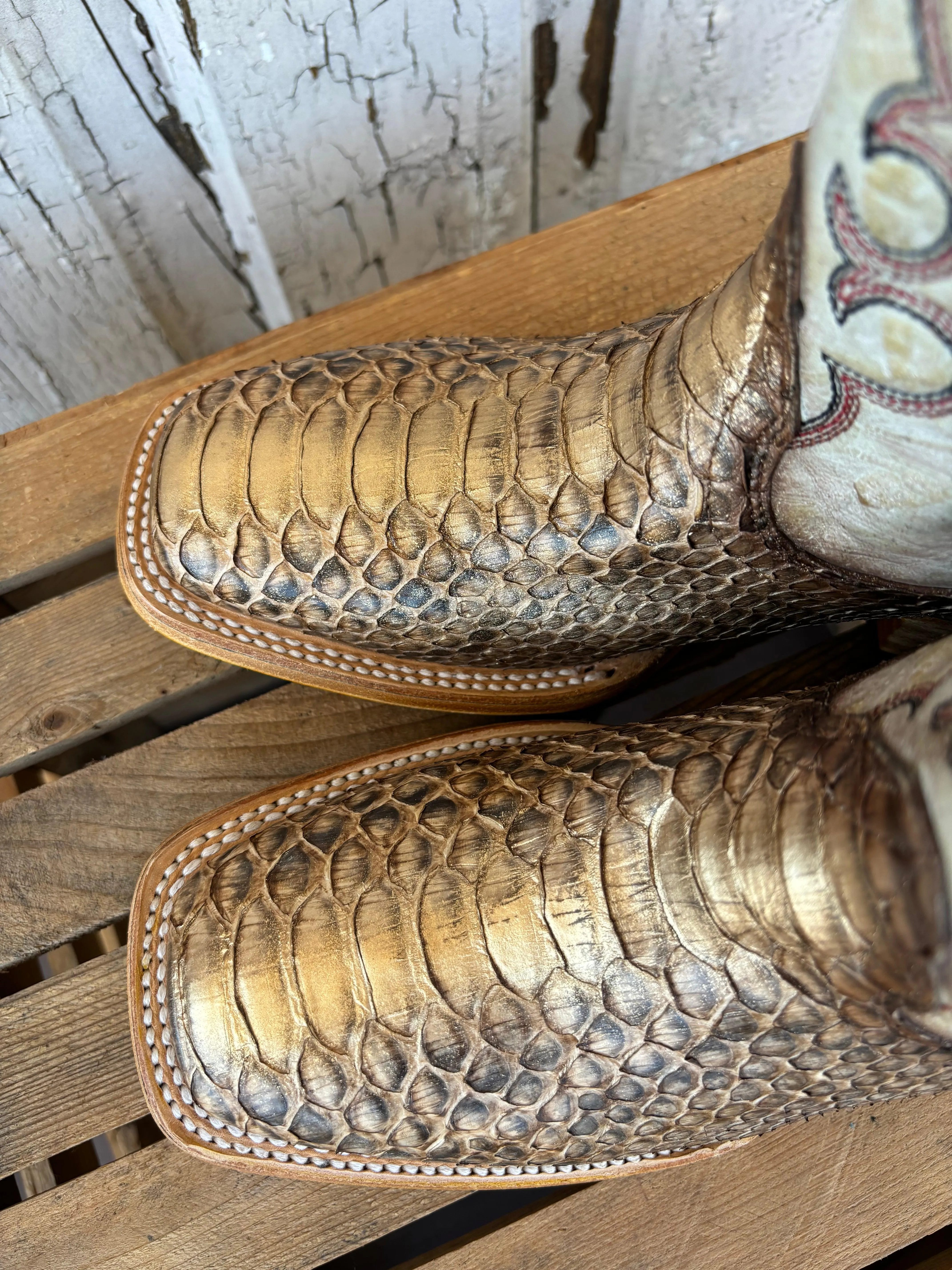 Corral Women's Taupe & Beige Python Embroidered Wide Square Toe Cowgirl Boots B5507