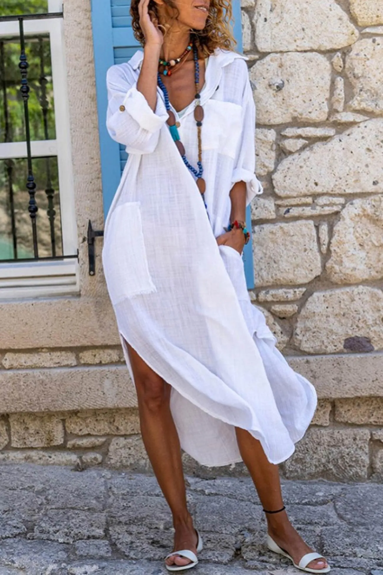 Cotton Button-down Slit Shirt Dress