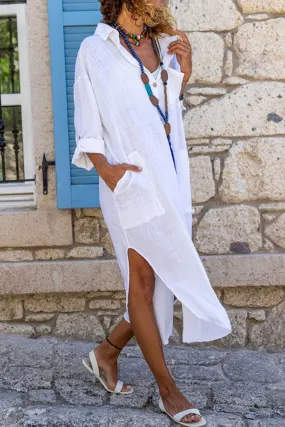 Cotton Button-down Slit Shirt Dress