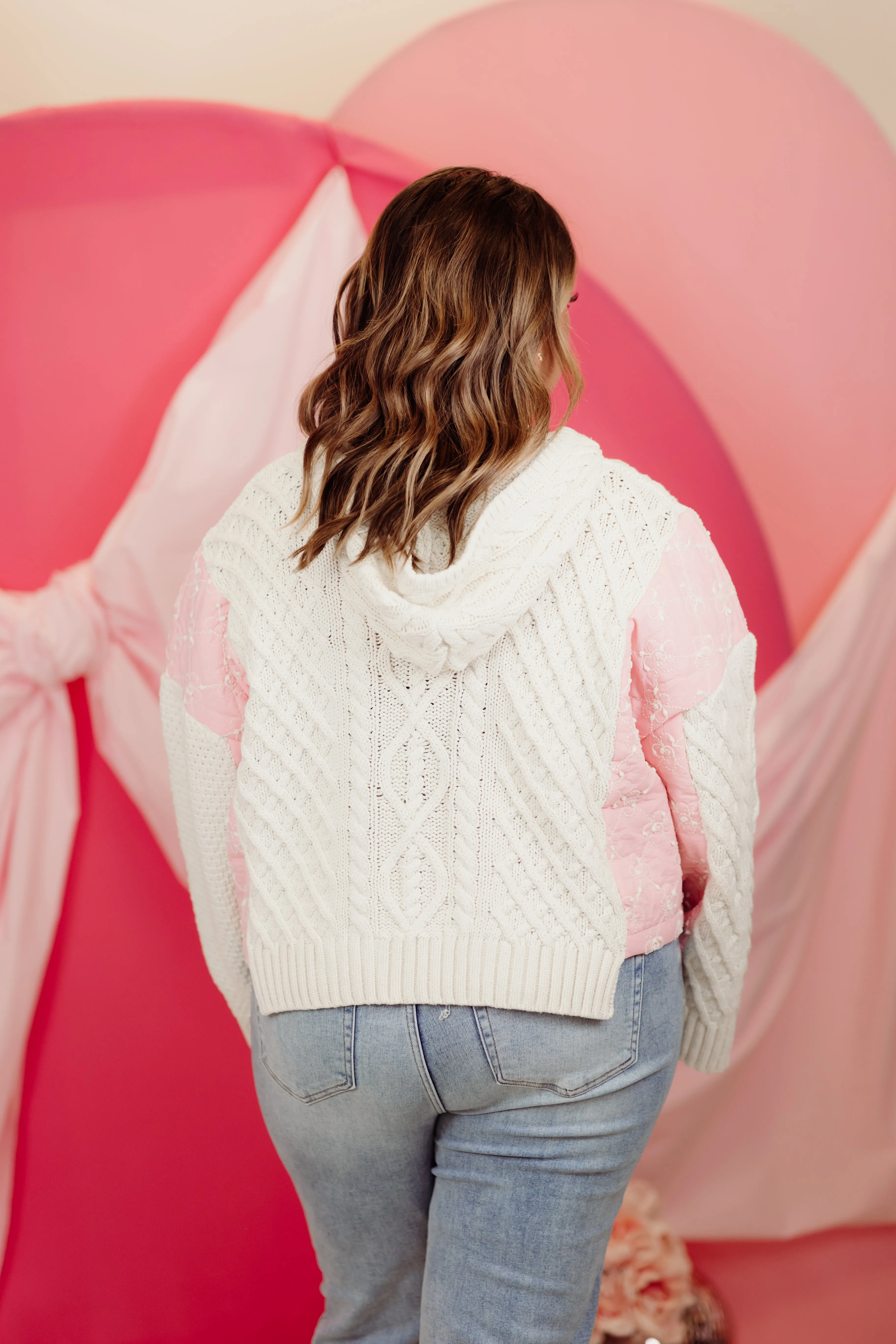 Cream and Pink Cable Knit Button Detail Hoodie Sweater