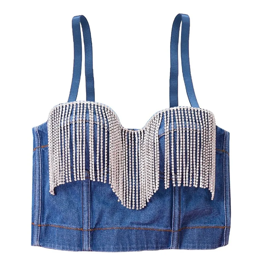 Crop Top To Wear Out Tassel Rhinestones Sexy Top Denim Cropped Slim Party Corset Camis With Built In Bra