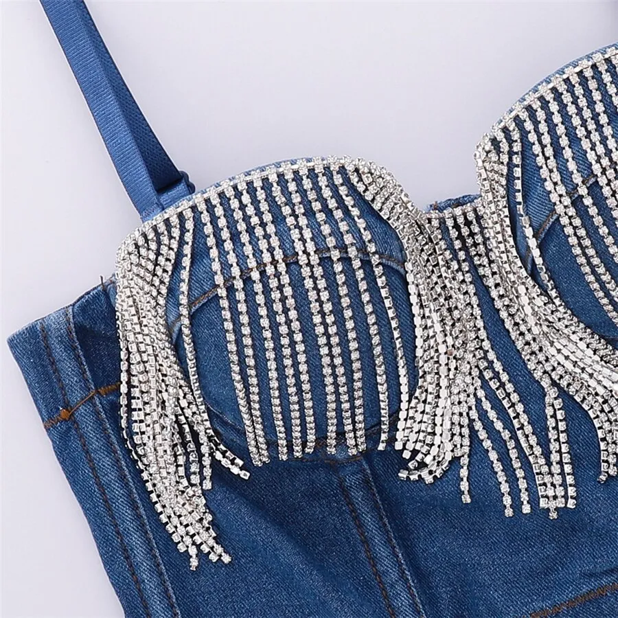 Crop Top To Wear Out Tassel Rhinestones Sexy Top Denim Cropped Slim Party Corset Camis With Built In Bra