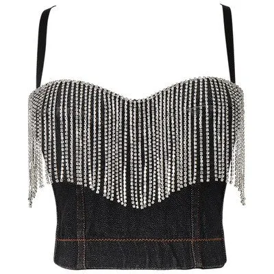 Crop Top To Wear Out Tassel Rhinestones Sexy Top Denim Cropped Slim Party Corset Camis With Built In Bra