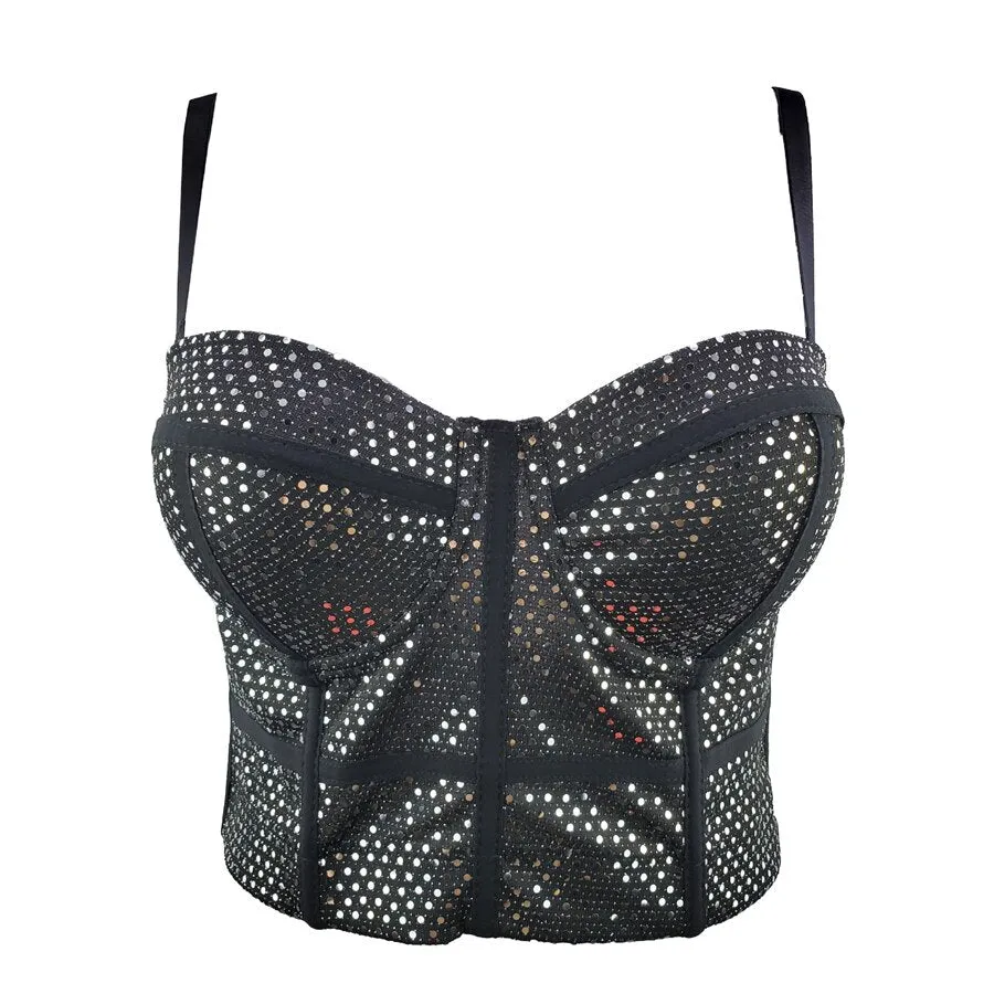 Crop Top With Built in Bra Women Mesh Bright Sequins Cropped Top Sexy Corset To Wear Out Nightclub Push Up Chest