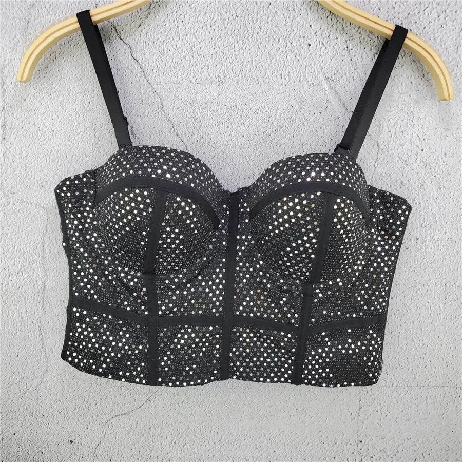 Crop Top With Built in Bra Women Mesh Bright Sequins Cropped Top Sexy Corset To Wear Out Nightclub Push Up Chest