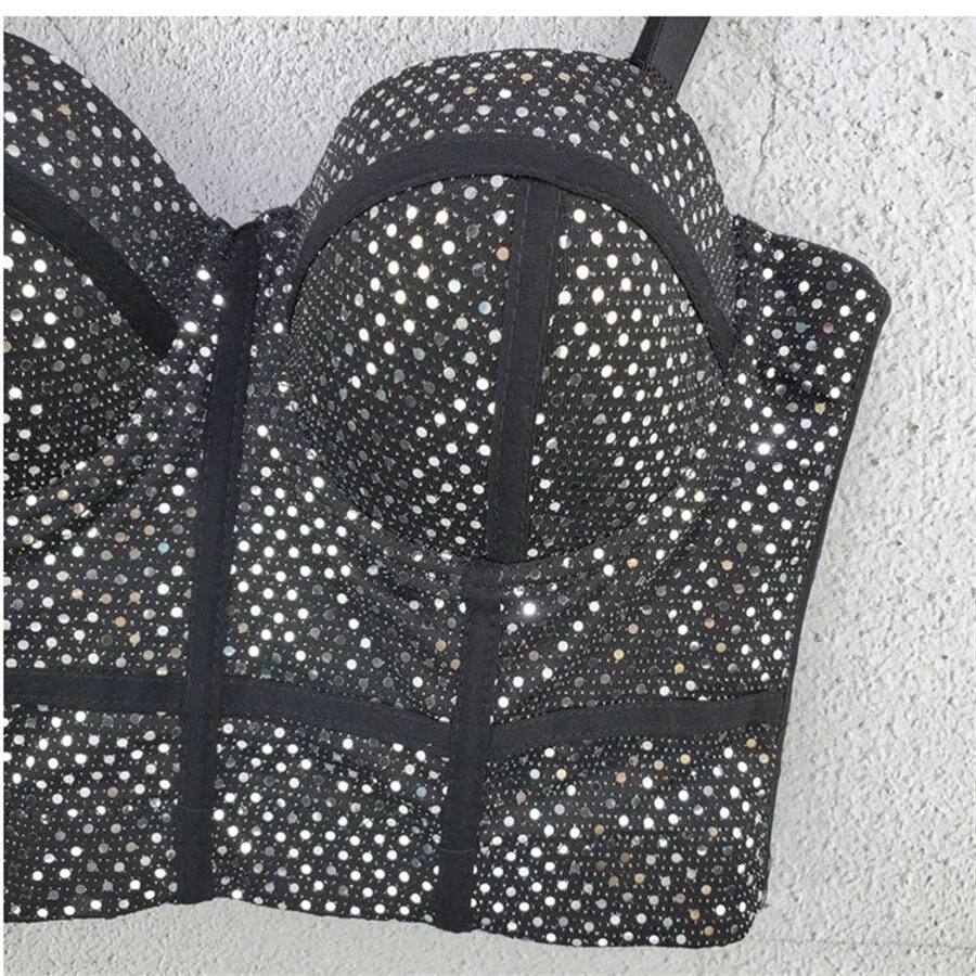 Crop Top With Built in Bra Women Mesh Bright Sequins Cropped Top Sexy Corset To Wear Out Nightclub Push Up Chest