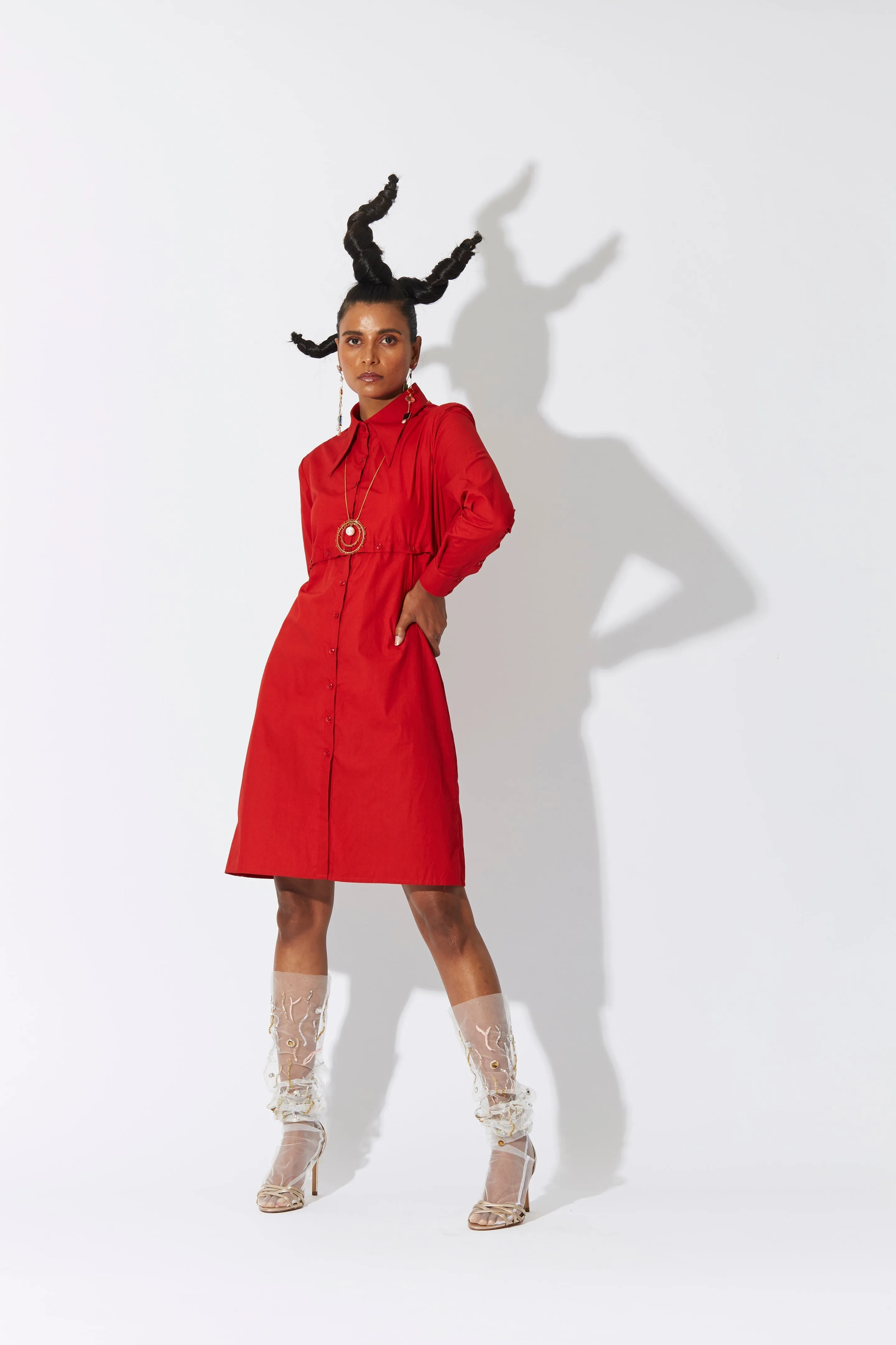 Cross Placket Shirt Dress Red