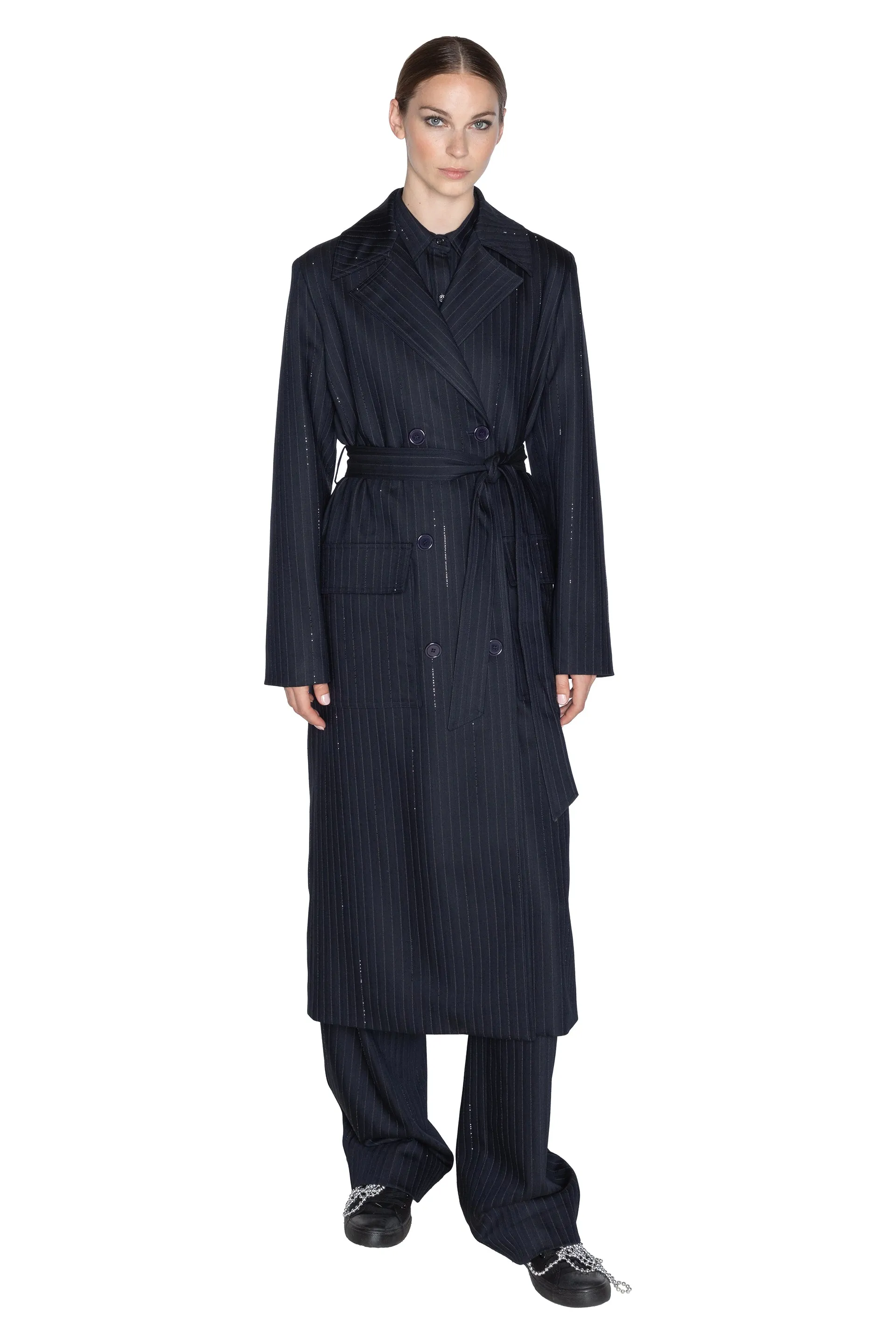 'CRYSTAL PINSTRIPE' LONG TRENCH COAT