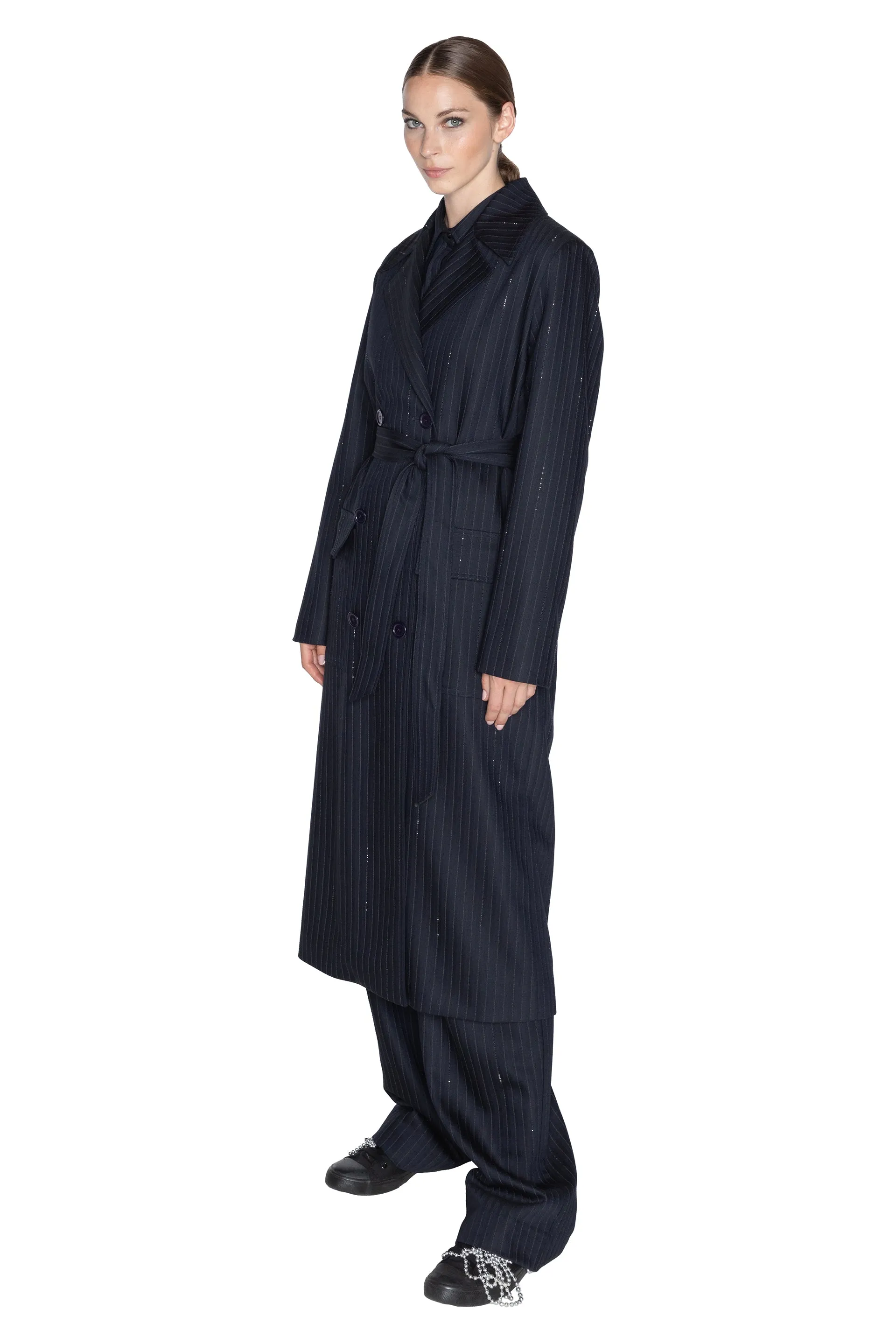 'CRYSTAL PINSTRIPE' LONG TRENCH COAT