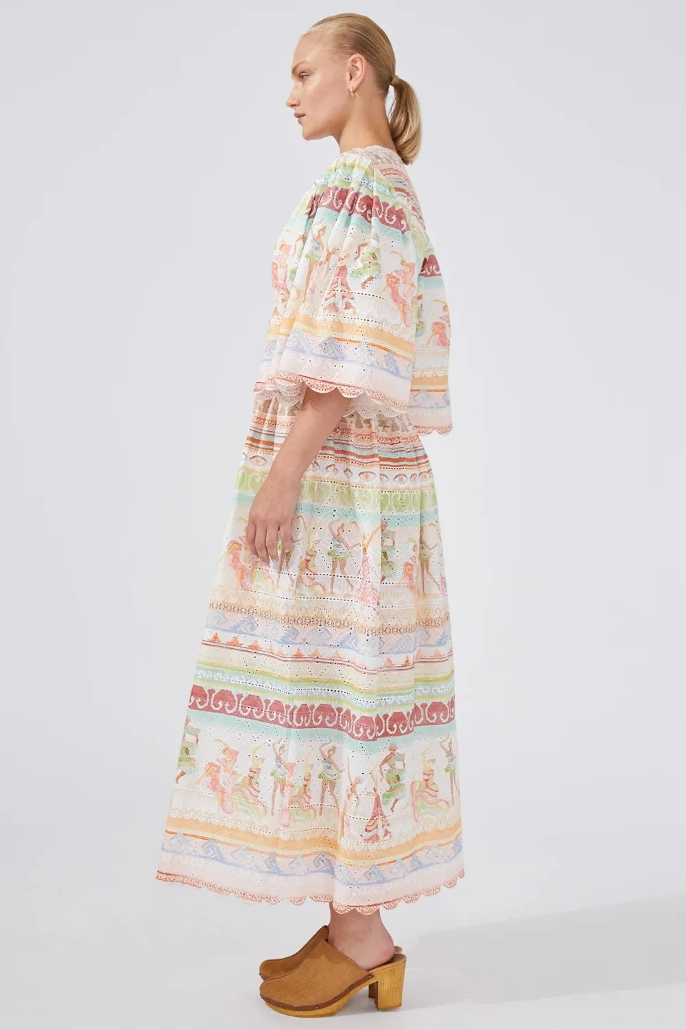 Dancing Girls Broderie Anglaise Pleated Midi Dress in Pastel