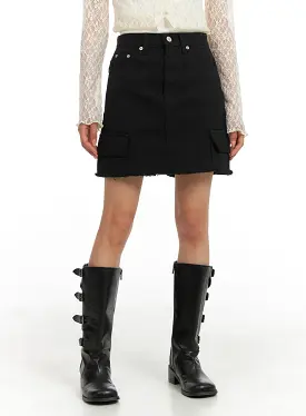 Destroyed Hem Denim Cargo Mini Skirt CM427