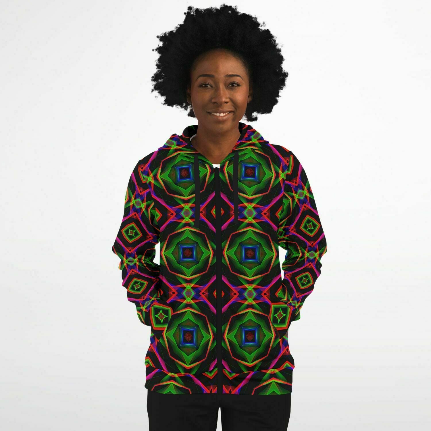 Electric Rainbow on Black Abstract Pattern Zip-Up Hoodie