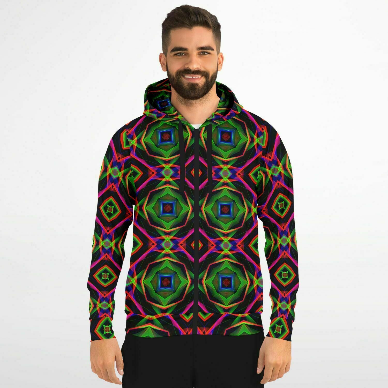 Electric Rainbow on Black Abstract Pattern Zip-Up Hoodie