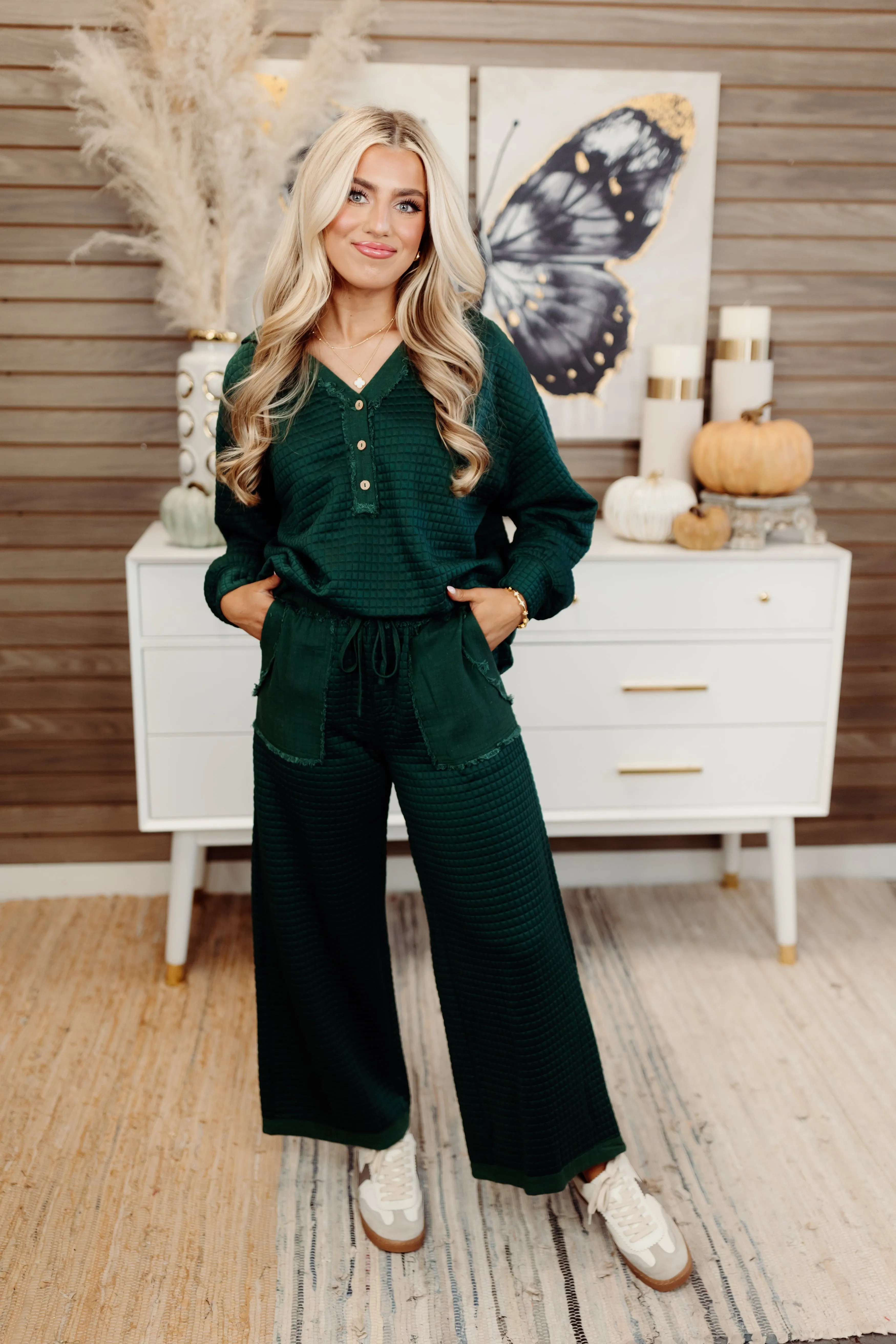 Evergreen Quilted Long Sleeve Hoodie Top and Pant Set