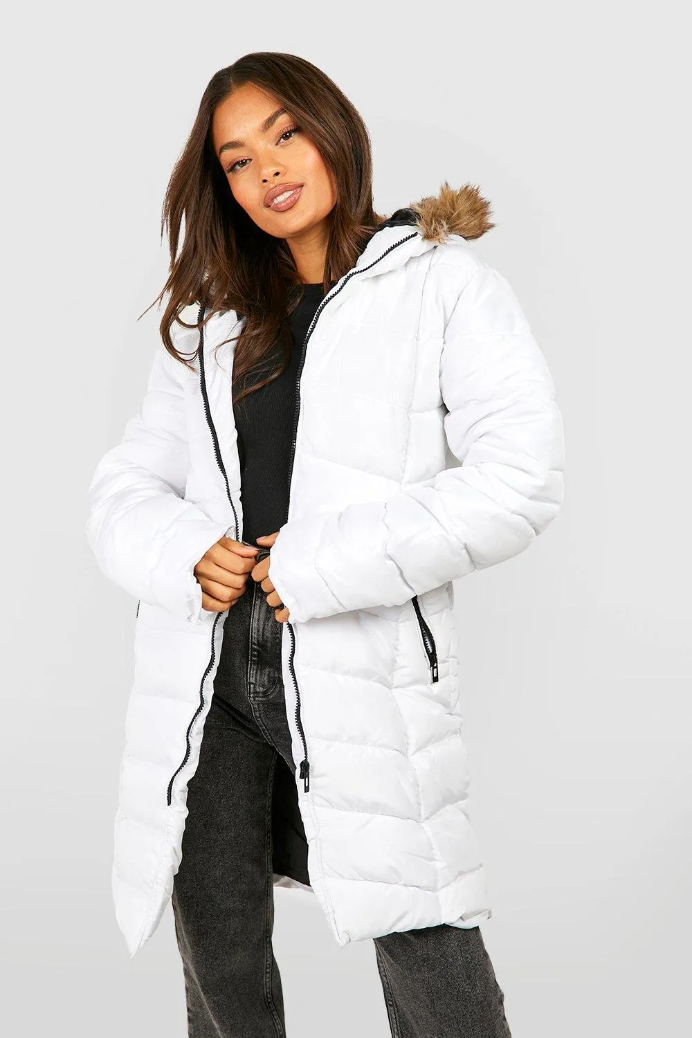 Faux Fur Hooded Paneled Parka Coat