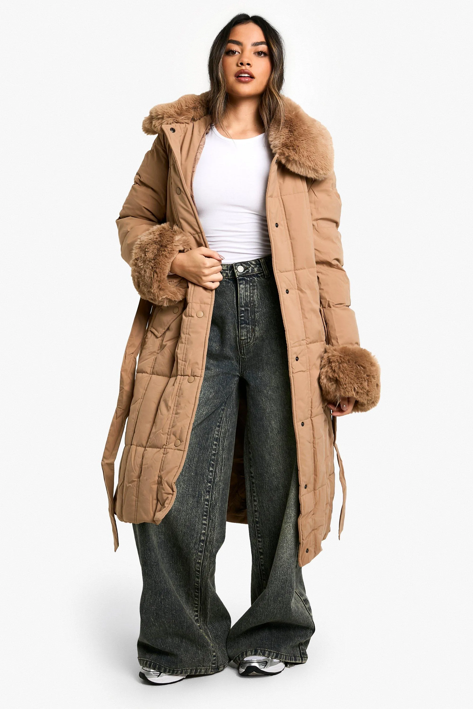 Faux Fur Trim Belted Parka