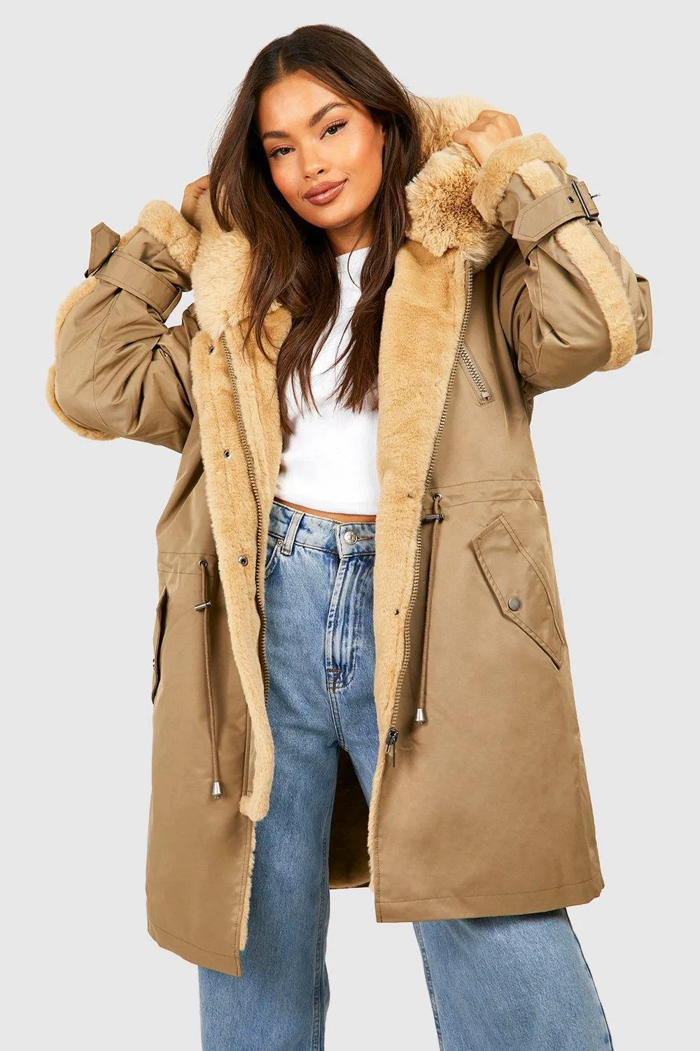 Faux Fur Trim Hood Parka Coat