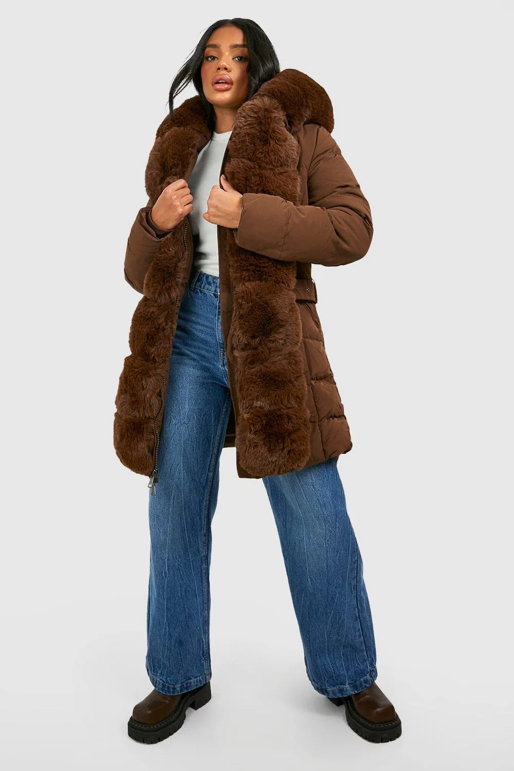 Faux Fur Trim Paneled Parka