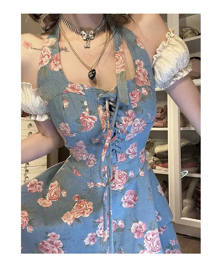 Floral print halter Denim dress